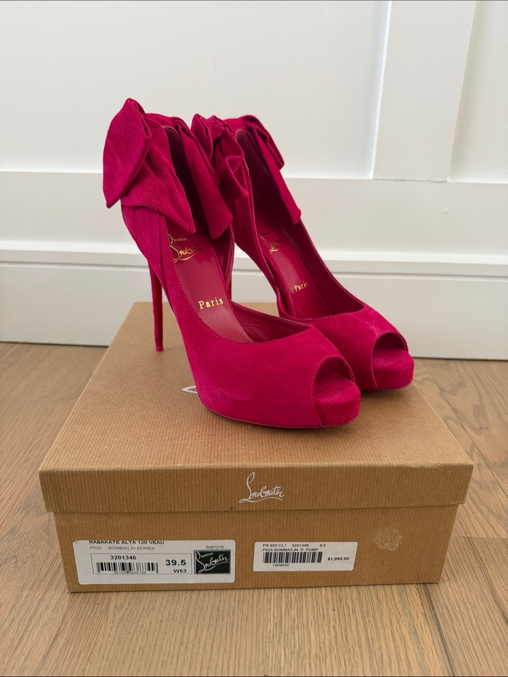 Christian Louboutin Fuchsia Suede Peep-Toe Bow Stilettos